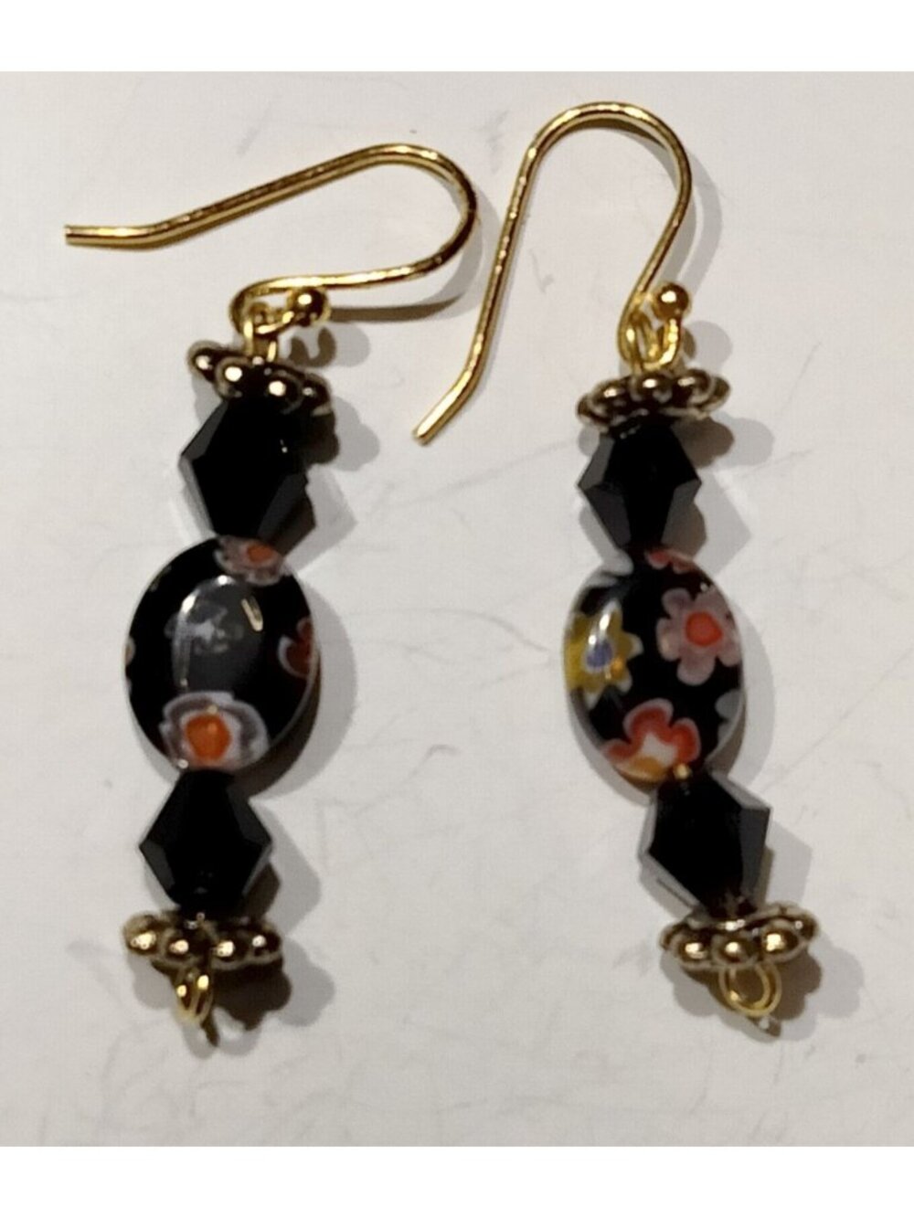 Black Crystal Earrings Murano Glass Floral Hook Drop Dangle Small Goth Addams